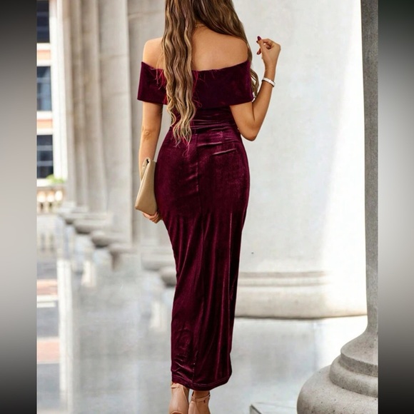 Luxe off shoulder wrap party prom wedding gown velvet dress - Picture 6 of 8
